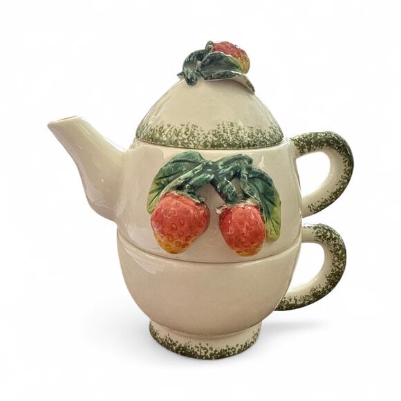 Vintage 1980s Strawberry Tea Pot and Cup for One Set - Picture 1 of 4